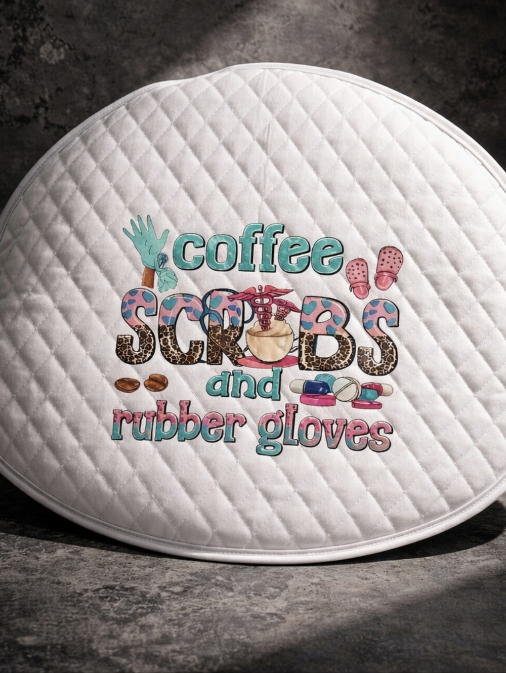 #4Coffee Scrubs & Rubber Gloves Quilted Steering Wheel Cover-Teal & Pink Graphic